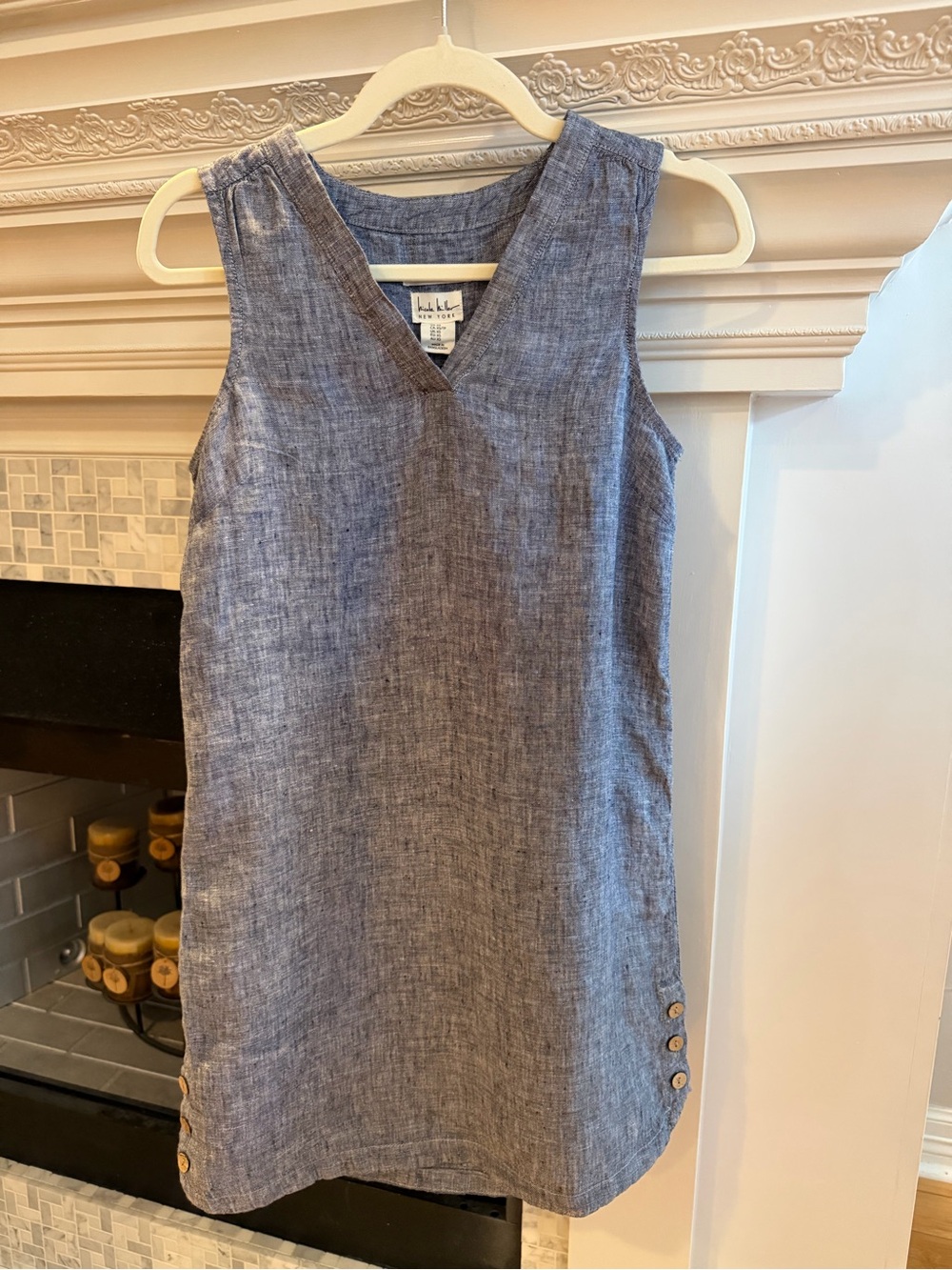 Nicole Miller Blue Linen V-Neck Shift Dress with Side Buttons